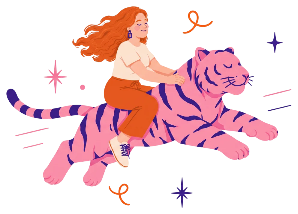 Illustration: woman riding a leaping pink tiger