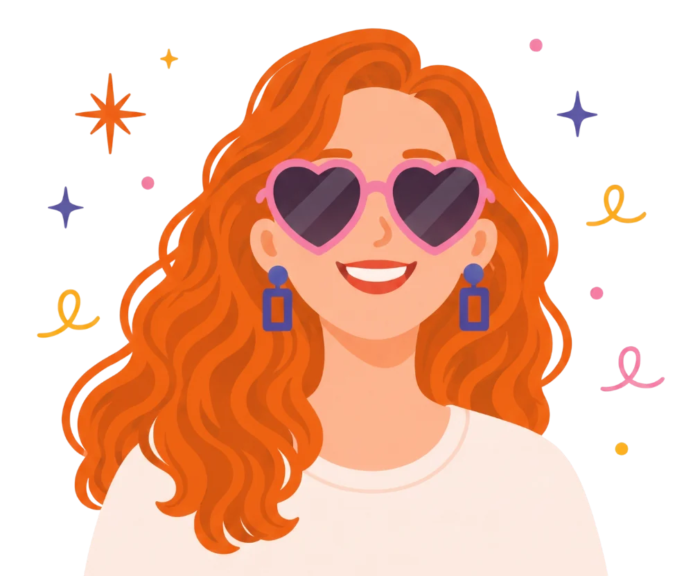 Portrait of Katy Sensenig Schilthuis wearing heart-shaped sunglasses